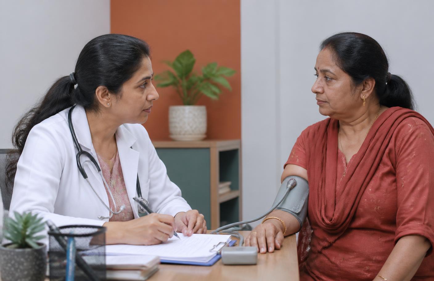 A doctor discussing menopause care with a middle-aged Indian woman