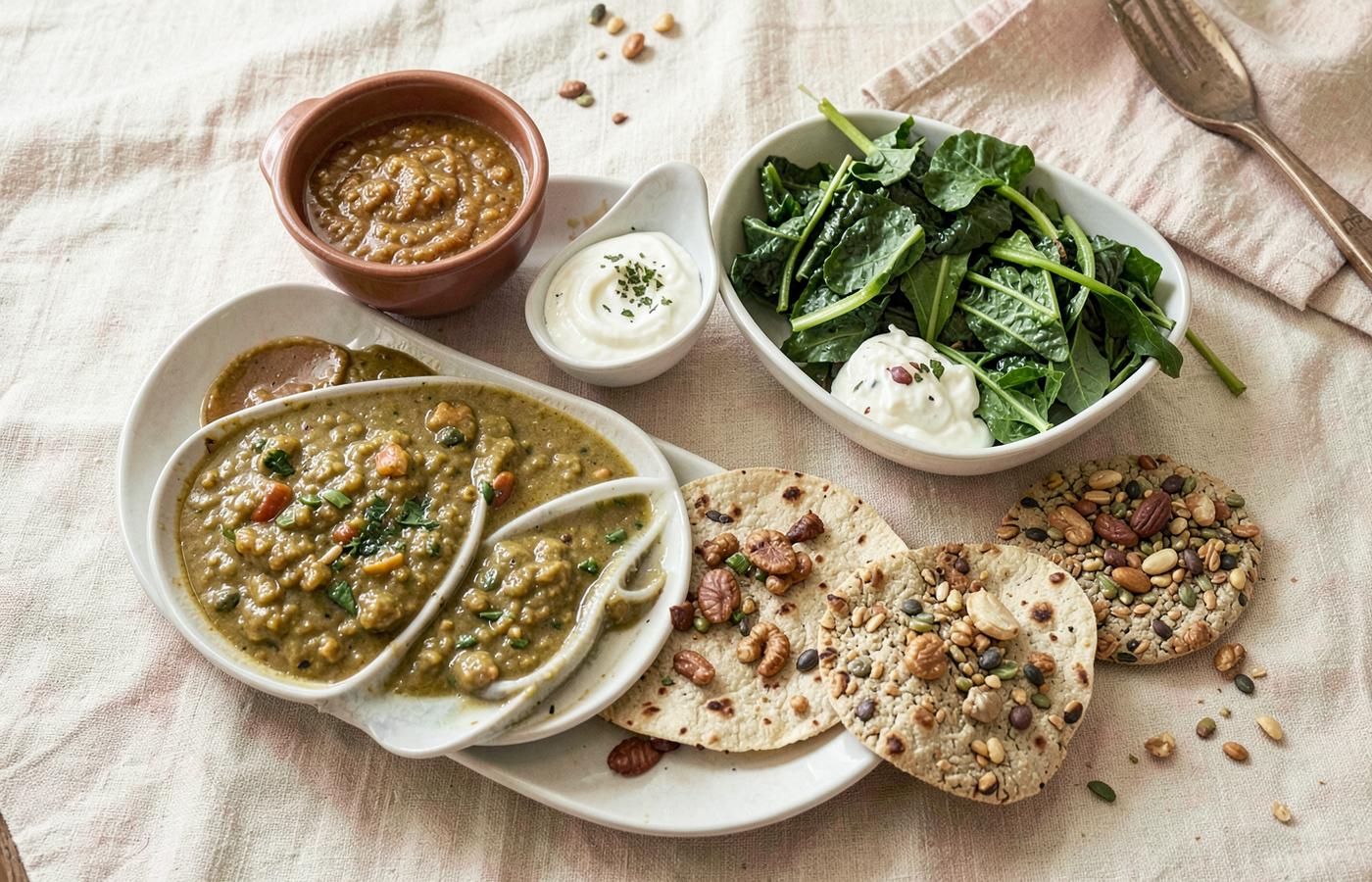 A balanced Indian meal with dal, greens, curd, millet roti and nuts