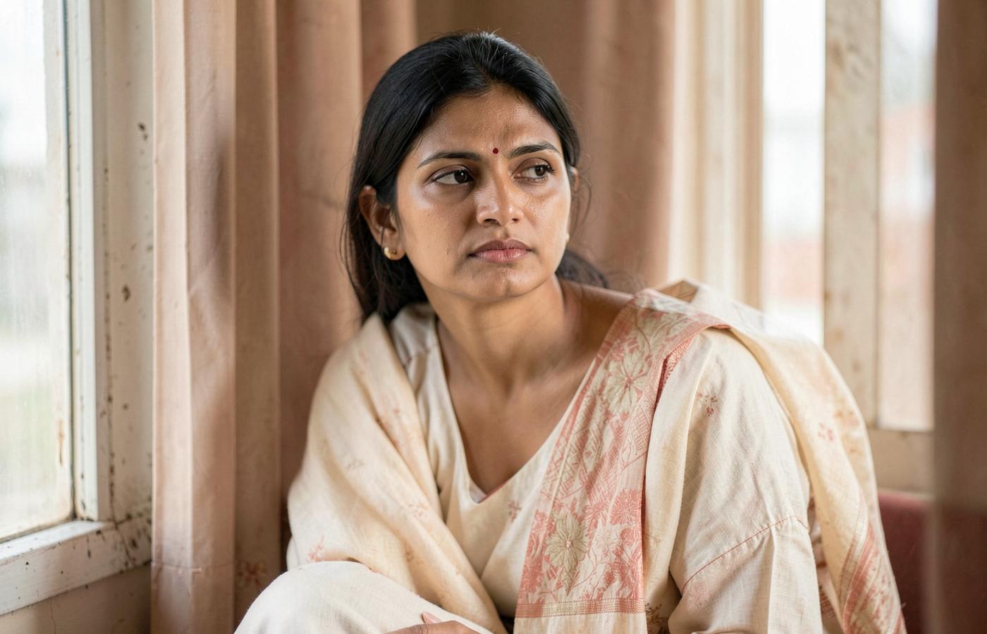 A woman in her thirties sitting quietly by a window