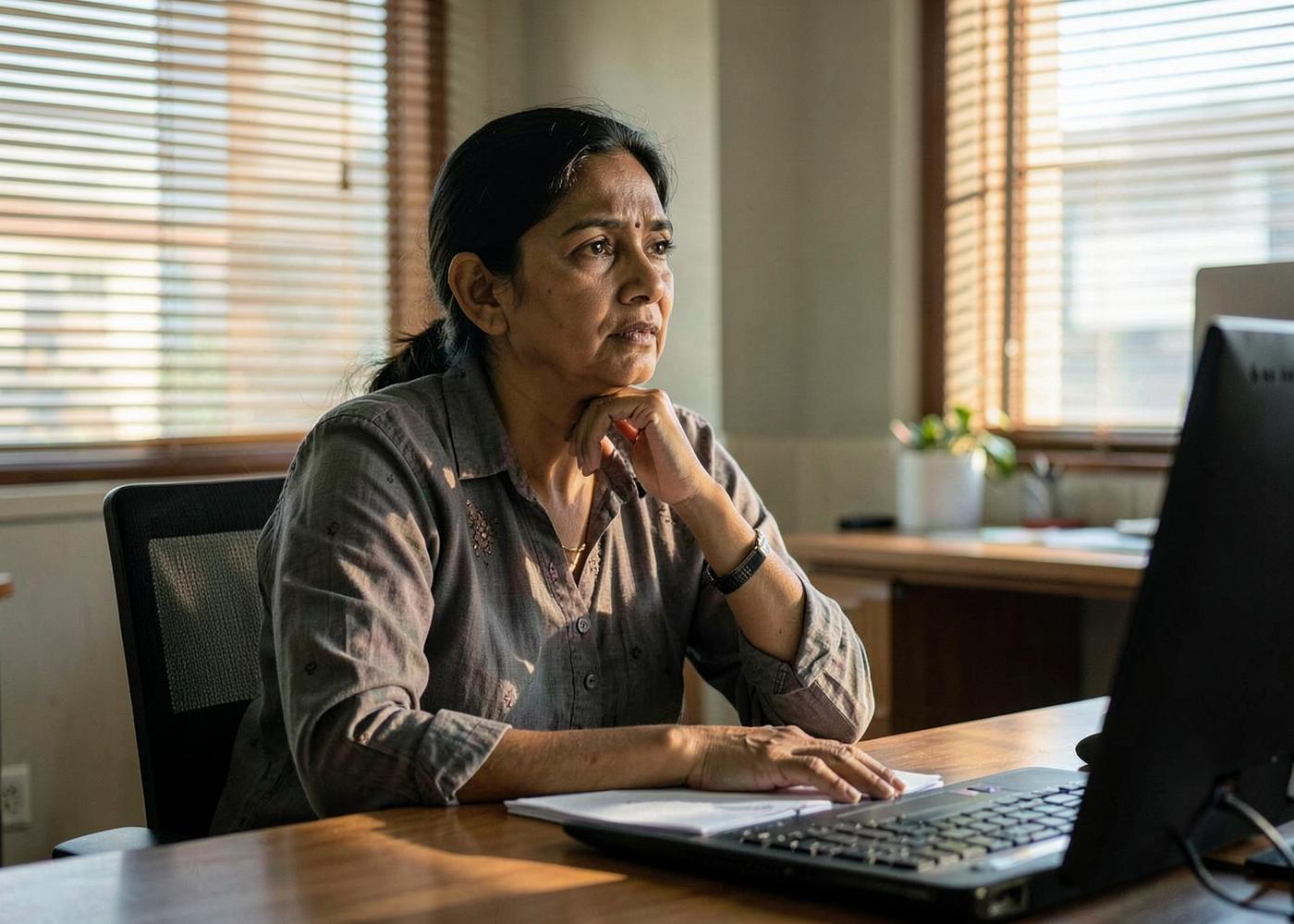 A woman in her forties pausing at her office desk during the working day